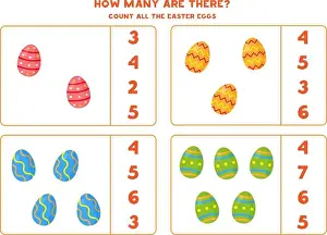 Easter Egg Prints: Counting game with cartoon Easter eggs. Math worksheet
