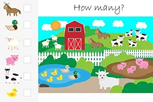 Maths Prints: How many counting game, farm with animals for kids