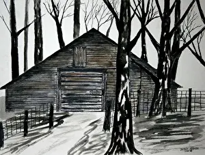 Watercolor Painting Prints: Country barn black and white art pen and ink drawing watercolor painting