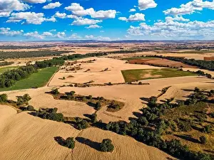 Land Lot Prints: Country landscape of agriculture fields on sunny day with clouds. Segovia