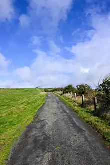 Shropshire Prints: Country road crossing hill country with fence green farmland