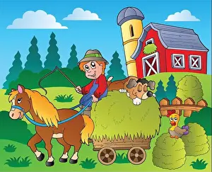 Farmyard Prints: Country scene with red barn 9