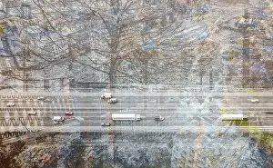countryside landscape and urban residential area with car traffic on road. multi exposure. aerial view