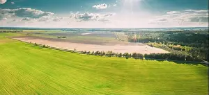 Countryside Rural Green Field Landscape With Young Wheat Sprouts In Spring Summer Cloudy Day. Agricultural Field. Young Wheat Shoots. Aerial View
