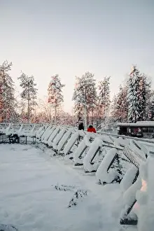 Boreal Prints: Couple on footbridge in snowy forest in wildlife park in Ranua, Lapland