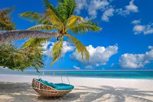 Couple love, amazing tropical beach seaside background as summer landscape with beach swing over white sand and calm sea, sunny beach shore banner