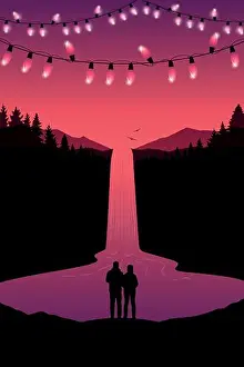Holiday Lake Prints: couple man and woman by waterfall river in the mountains at beautiful sunset