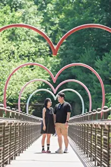 Married Prints: A couple standing on a bridge with hearts on the side
