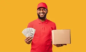 Delivering Prints: Courier Guy Holding Money Cash And Cardboard Box, Studio Shot