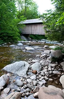 Vermont Prints: Covered Bridges of Vermont by river with rocks Brown Bridge in Shrewsbury VT 1880