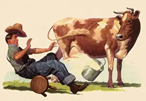 Occasions Prints: Cow kicks over Farmer and Bucket of Milk