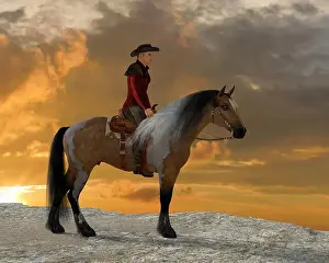Horseman Prints: Cowboy Ethan - A cowboy and his Quarter horse stand on a cliff resting