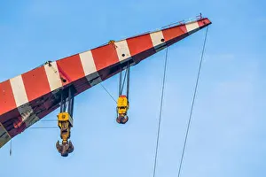 Big Blue Prints: Crane top in red and white danger colors with hooks and cables