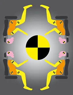 Collision Prints: Crash test dummies around the danger symbol