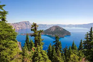 Pacific Northwest Prints: Crater Lake, Oregon scenic overlook with Wizard Island vista
