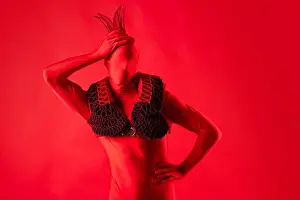 Hide Prints: Crazy fashion, a man in a red leotard on a red background, different poses