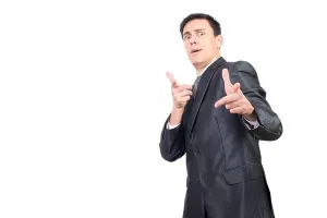 Glance Prints: Crazy man in suit pointing at camera