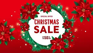 Poinsettia Prints: Creative banner with red poinsettia flowers and a white round frame on a red burgundy background with sale text