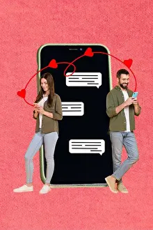 Communicating Prints: Creative collage photo of young couple two lovely people hold smartphones chatting online telegram app near display