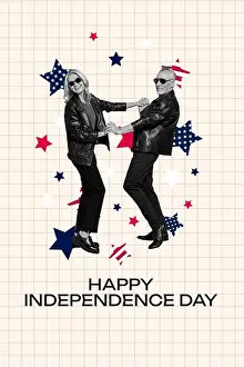 Citizenship Prints: Creative collage poster of people dancing have fun on happy independence day on pastel color background