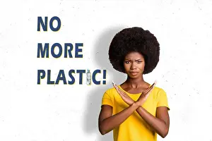 Montage Prints: Creative magazine activism billboard collage of lady cross hands reject refuse use plastic earth protection safety
