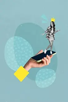 Montage Prints: Creative poster banner surreal collage of mini young lady standing touchscreen smart gadget vip status game