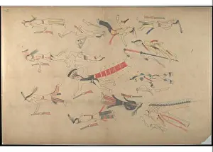 Tribes Prints: Creator: Red Horse. Title: Red Horse drawing of cavalry troops on horseback at Little Bighorn