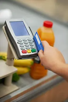 Swipe Prints: Credit card, hand and swipe in supermarket for payment