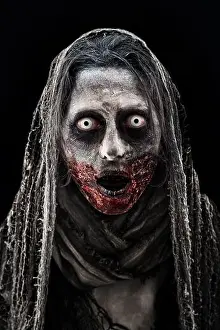 Make Up Prints: Creepy dead horror ghost costume, woman with bloody mouth and white eyes, black background