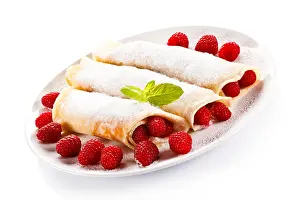 Strawberries Prints: Crepes with raspberries and cream