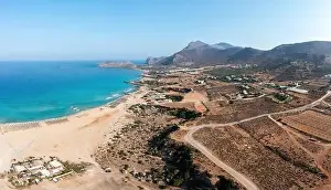 Crete island Greece. Aerial drone panoramic view of Falasarna sandy beach