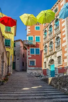 Town House Prints: Croatia, Istria, Labin, Old town alley with colorful umbrellas