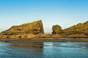 Empty Beach Prints: The Crocodile and Lion Rock on Broad Haven North Beach on the Pembrokeshire coast west Wales