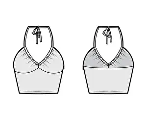 Black Body Prints: Top crop V-neck halter tank technical fashion illustration with empire seam