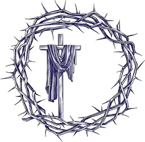 Salvation Prints: cross and crown of thorns, easter religious symbol of Christianity hand drawn vector illustration sketch