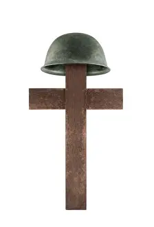 Helm Prints: Cross and helmet isolated on white background. Grave of a fallen soldier