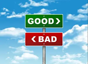 Guide Prints: Crossroads road sign. Pointer to the right GOOD, but BAD left. Choice concept