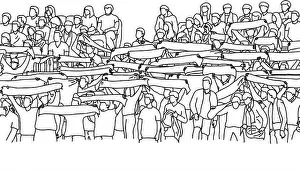 crowd of sport fan on stadium holding scalf vector illustration sketch doodle hand drawn with black lines isolated