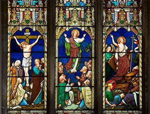 Crucifixion Prints: Crucifixion and resurrection stained glass
