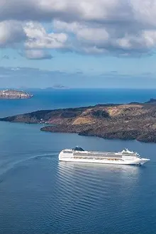 Cruise ships in Thira on Santorini island, Greece. Beautiful landscape with sea view. Cruise ships at the sea near the islands. Santorini island
