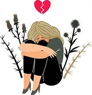 Tear Prints: Crying girl with sad feeling. Cartoon young lady with with broken heart