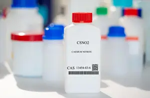 Reagent Prints: CsNO2 caesium nitrite CAS 13454-83-6 chemical substance in white plastic laboratory packaging
