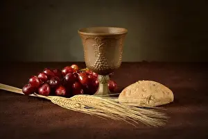 Faith Prints: Cup of wine, red grapes, bread and wheat as symbols of Communion