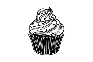 Cupcake Prints: Cupcake in engraving style. Ink sketch isolated on white background