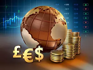 Funds Prints: Currencies symbols and coins around an Earht globe. 3D illustration