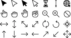 Cursor icons. Web internet scale arrow clicking computer pointer, hand mouse cursors. Static and dynamic click cursor buttons isolated vector set