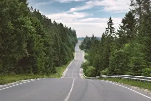 Summer Trip Prints: Curvy mountain road serpentine in green summer forest