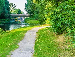 Lake Forest Prints: curvy road with water pond and bridge view