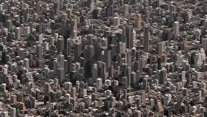 Megacity Prints: Custom high resolution 3D render of city with skyscraper buildings with a parallel camera lens view
