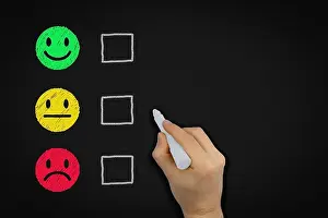 Opinion Prints: Customer service experience satisfaction rating chalk board with evaluation tick boxes - Red yellow